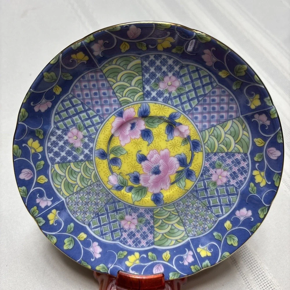 GUMP Botan Imari Tea Cup & Saucer Asian Blue Pink Green Yellow Floral